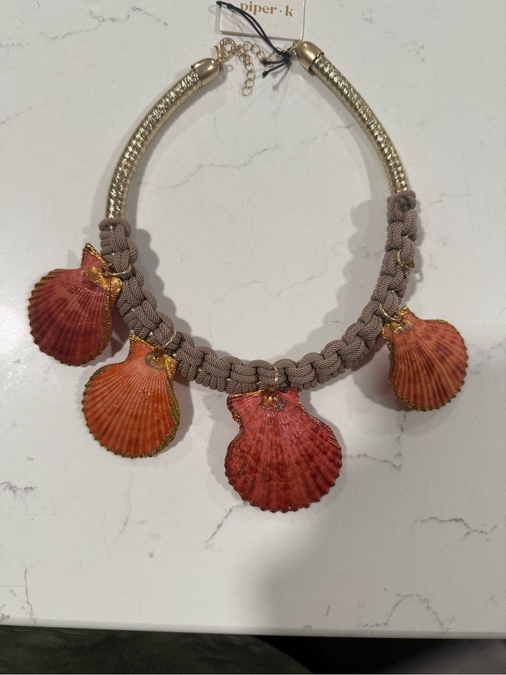 Piper Coral Shell and Gold-Trim Braided Necklace